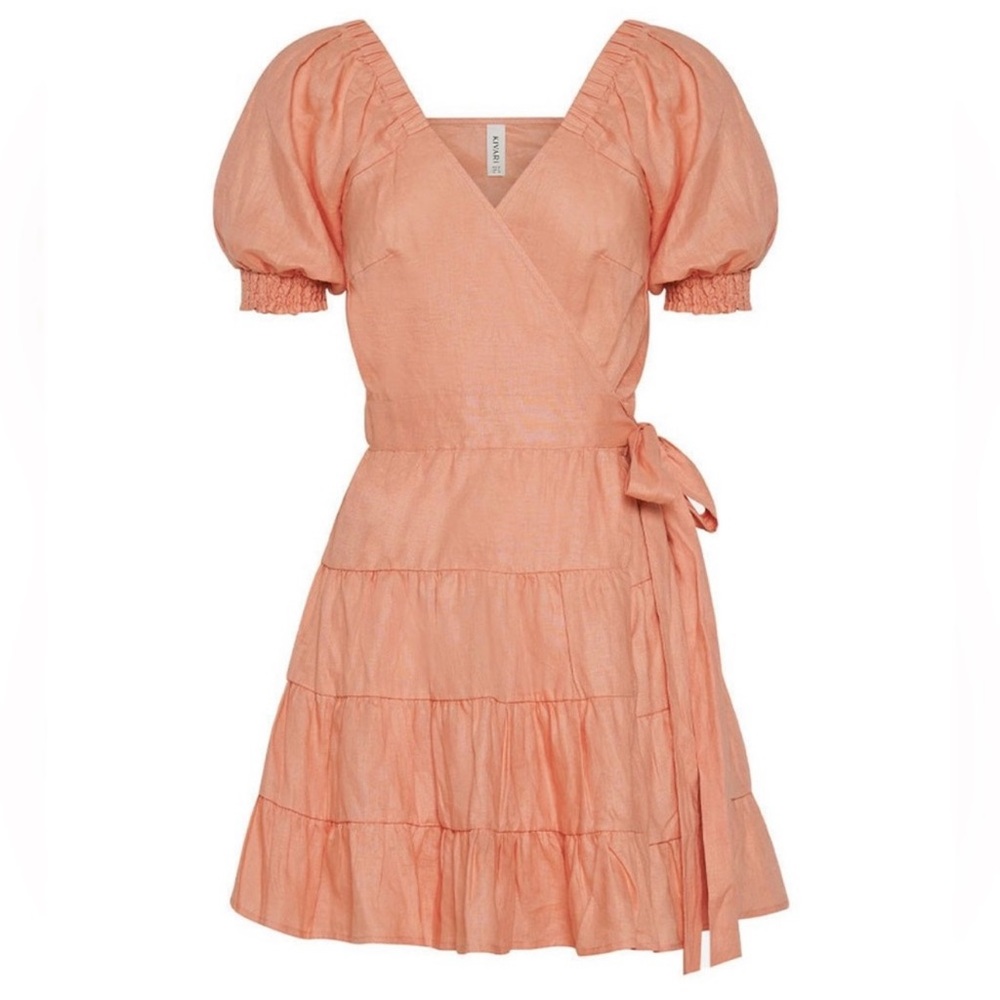 Kivari Magnolia Wrap Mini Dress Linen Puff Sleeve Tiered AU 8/ US 4